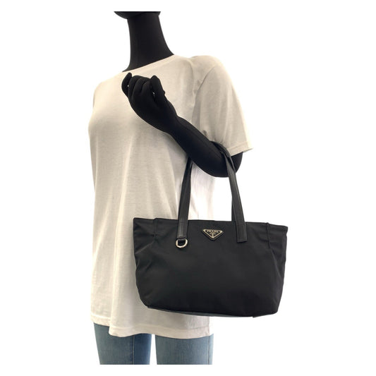 PRADA Tote Bag Nylon, Leather Black SilverMetal Tote Bag handbag Testo Saffiano Triangle With logo Women Used Authentic