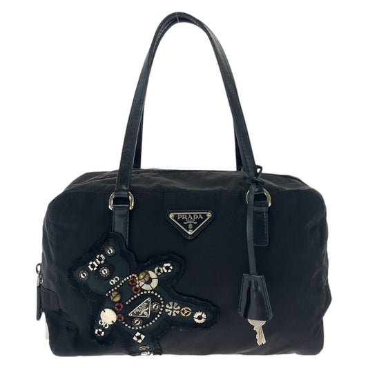 PRADA Handbag Nylon, Leather Black SilverMetal Handbag Tote Bag Shoulder Bag Test Evening Bear Bijou Women Used Authentic