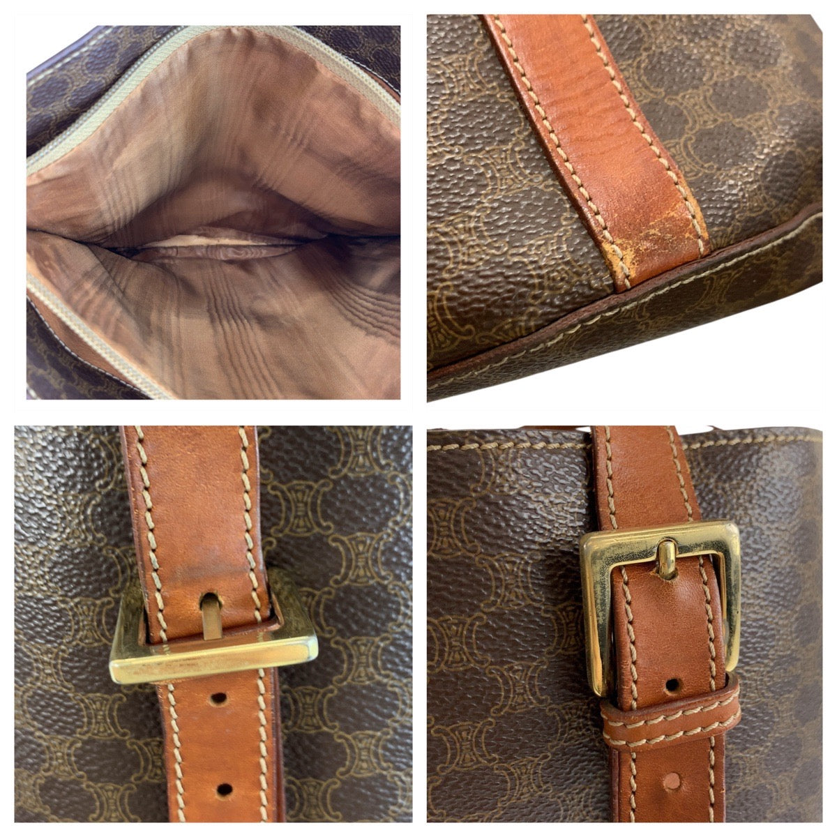 CELINE Tote Bag MC98/1 PVC, Leather Brown Gold Metal Tote Bag Shoulder Bag Macadam Women Used Authentic