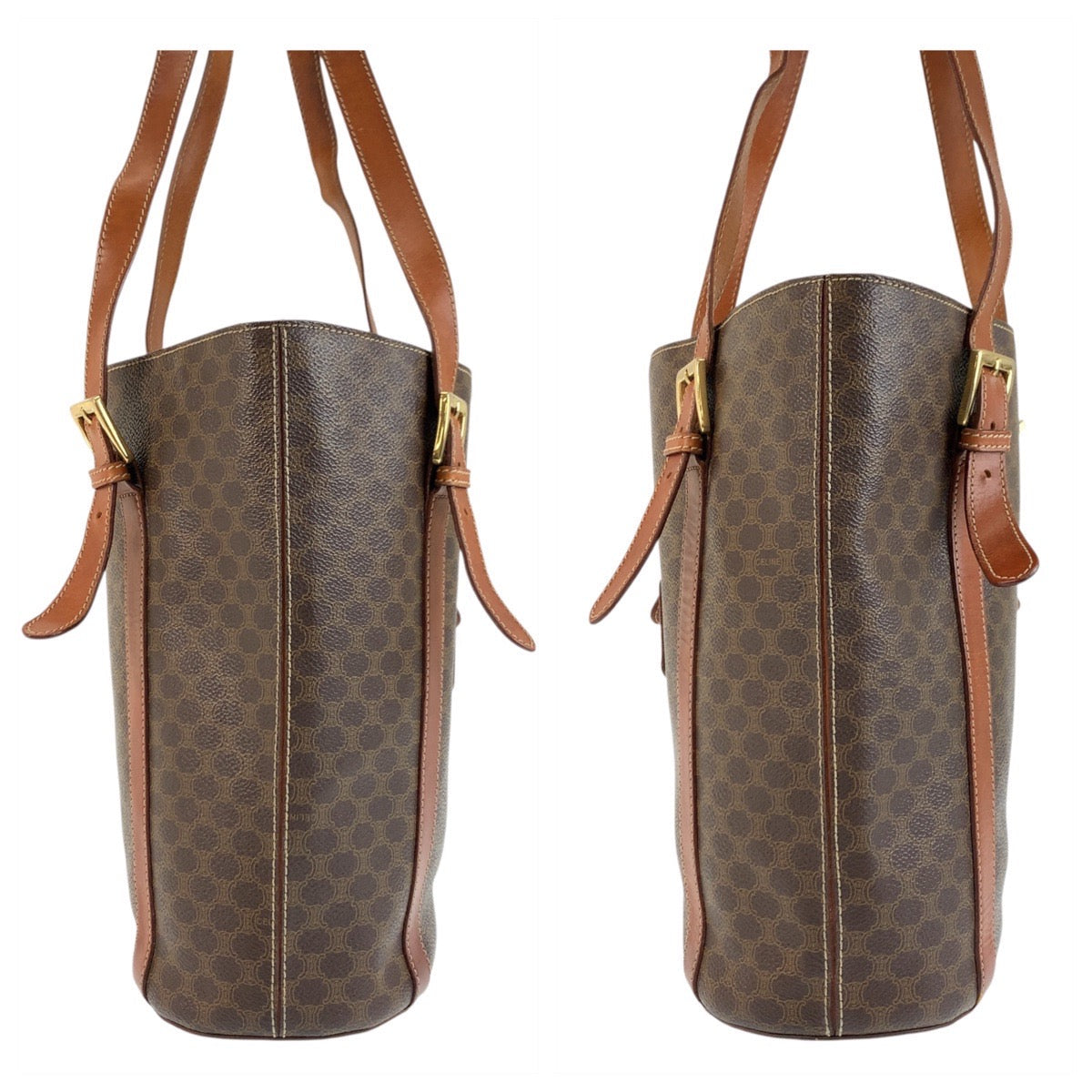 CELINE Tote Bag MC98/1 PVC, Leather Brown Gold Metal Tote Bag Shoulder Bag Macadam Women Used Authentic