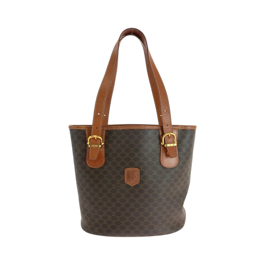 CELINE Tote Bag PVC Brown Gold Metal Tote Bag Shoulder Bag Macadam Women Used Authentic