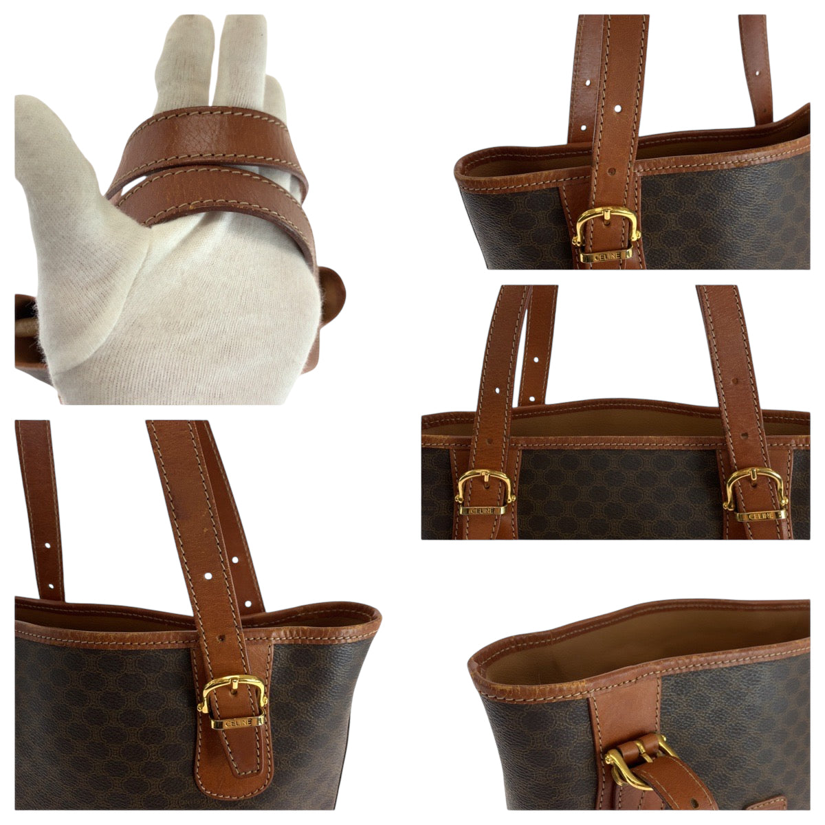 CELINE Tote Bag PVC Brown Gold Metal Tote Bag Shoulder Bag Macadam Women Used Authentic