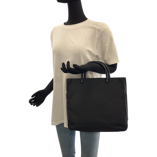 PRADA Tote Bag Nylon Black SilverMetal Tote Bag handbag Test Triangle With logo Women Used Authentic