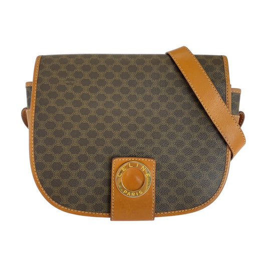 CELINE Shoulder Bag M10 PVC, Leather Brown Gold Metal Shoulder Bag pochette Macadam Circle Logo Women Used Authentic