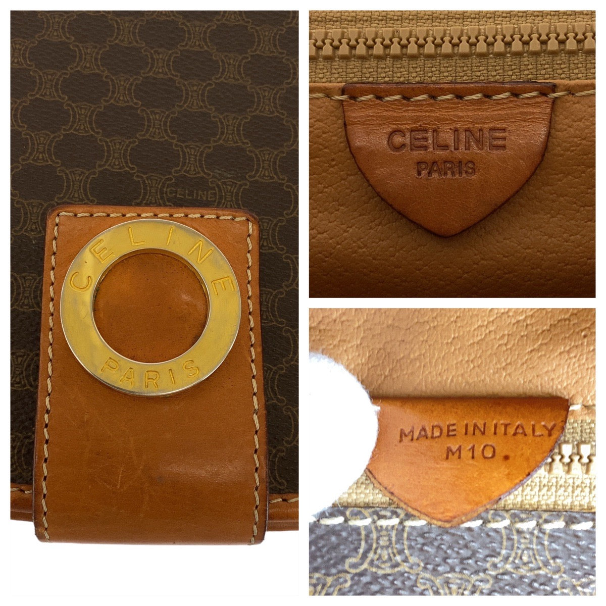 CELINE Shoulder Bag M10 PVC, Leather Brown Gold Metal Shoulder Bag pochette Macadam Circle Logo Women Used Authentic
