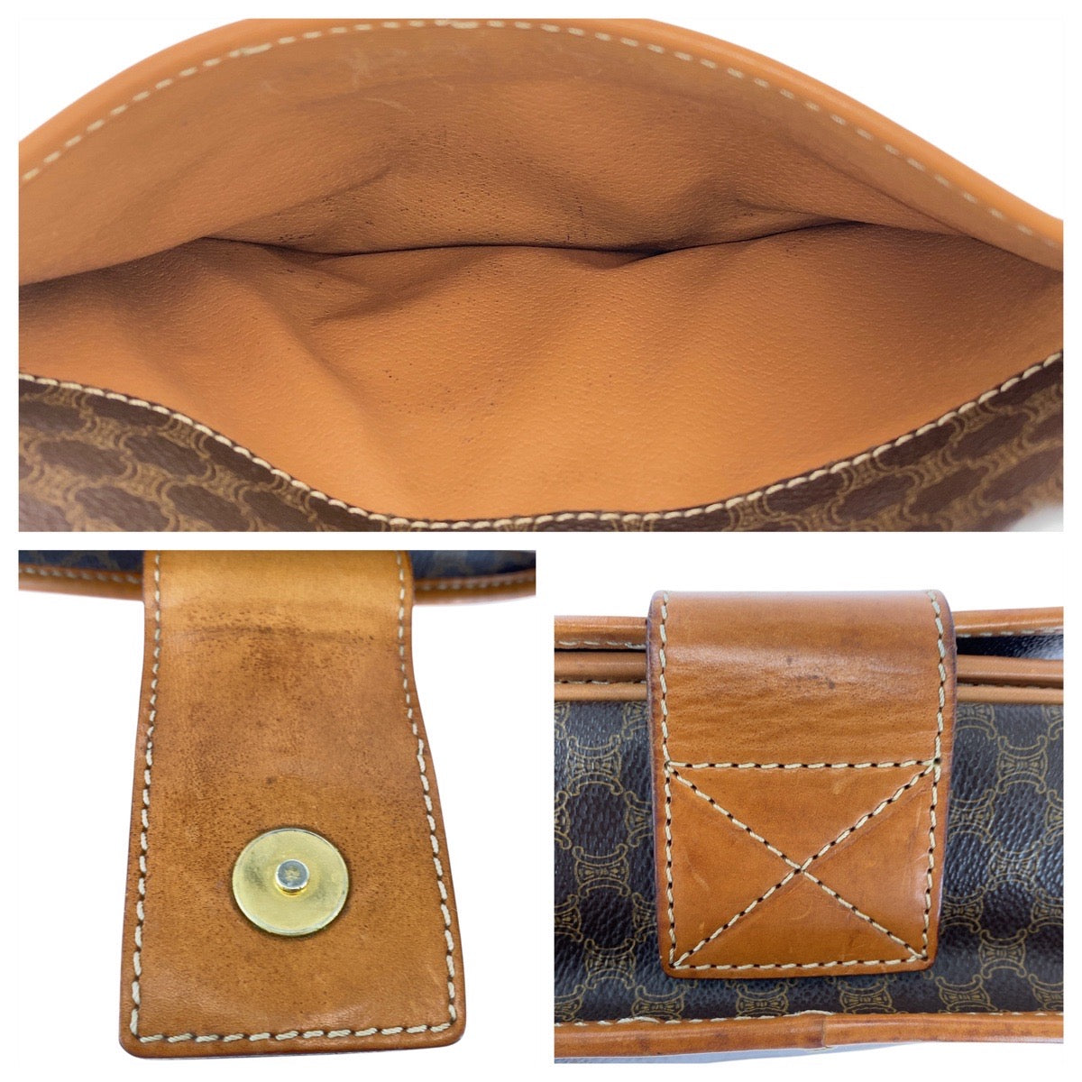 CELINE Shoulder Bag M10 PVC, Leather Brown Gold Metal Shoulder Bag pochette Macadam Circle Logo Women Used Authentic