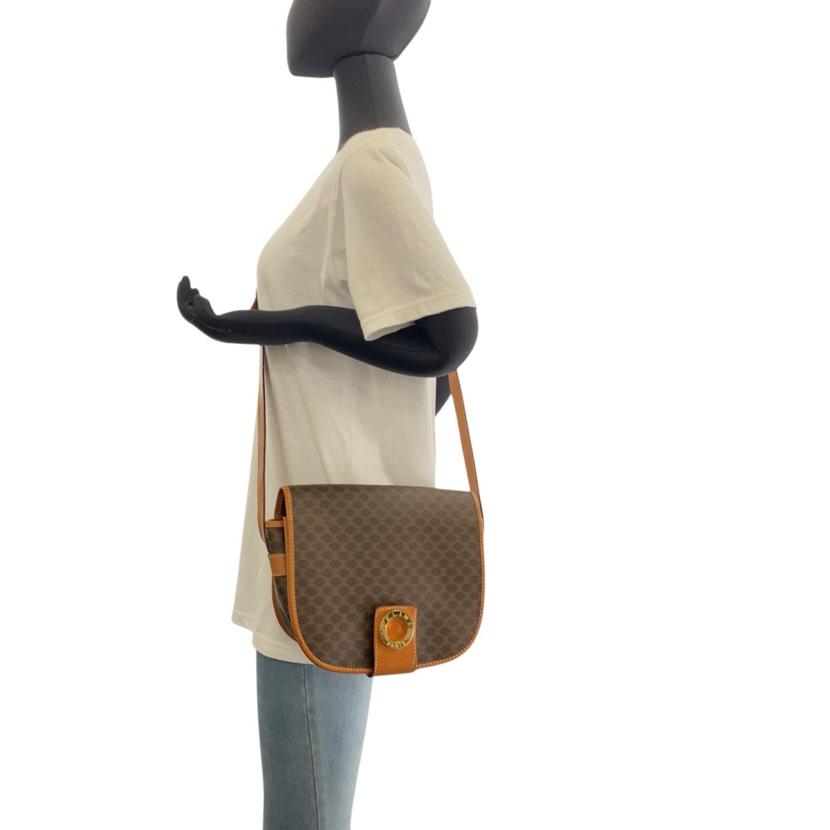 CELINE Shoulder Bag M10 PVC, Leather Brown Gold Metal Shoulder Bag pochette Macadam Circle Logo Women Used Authentic