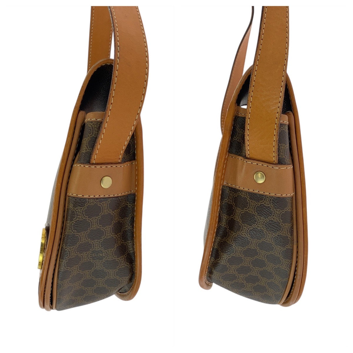 CELINE Shoulder Bag M10 PVC, Leather Brown Gold Metal Shoulder Bag pochette Macadam Circle Logo Women Used Authentic