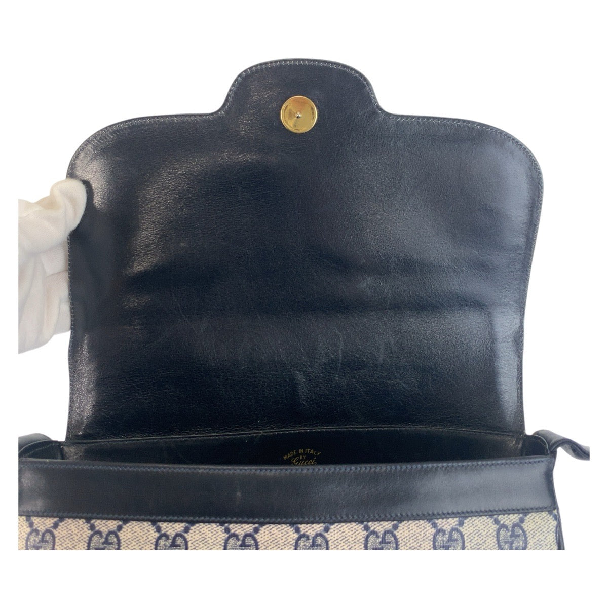 GUCCI Shoulder Bag GG Supreme canvas, leather Gray Navy Gold Metal Shoulder Bag pochette Old Gucci Women Used Authentic