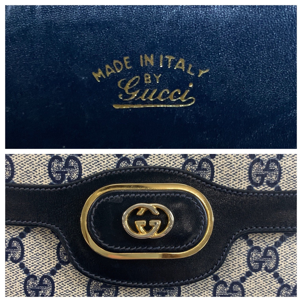 GUCCI Shoulder Bag GG Supreme canvas, leather Gray Navy Gold Metal Shoulder Bag pochette Old Gucci Women Used Authentic