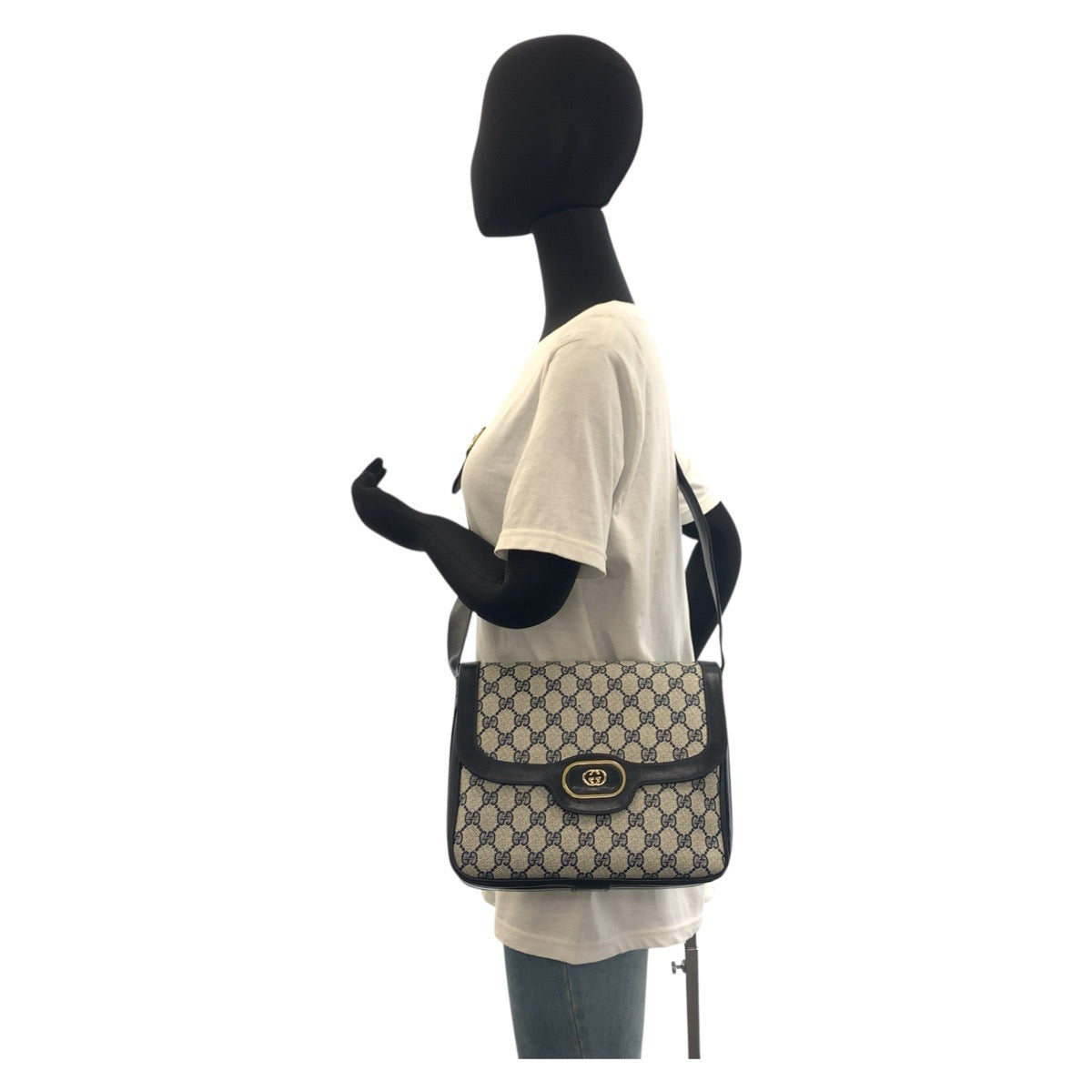 GUCCI Shoulder Bag GG Supreme canvas, leather Gray Navy Gold Metal Shoulder Bag pochette Old Gucci Women Used Authentic
