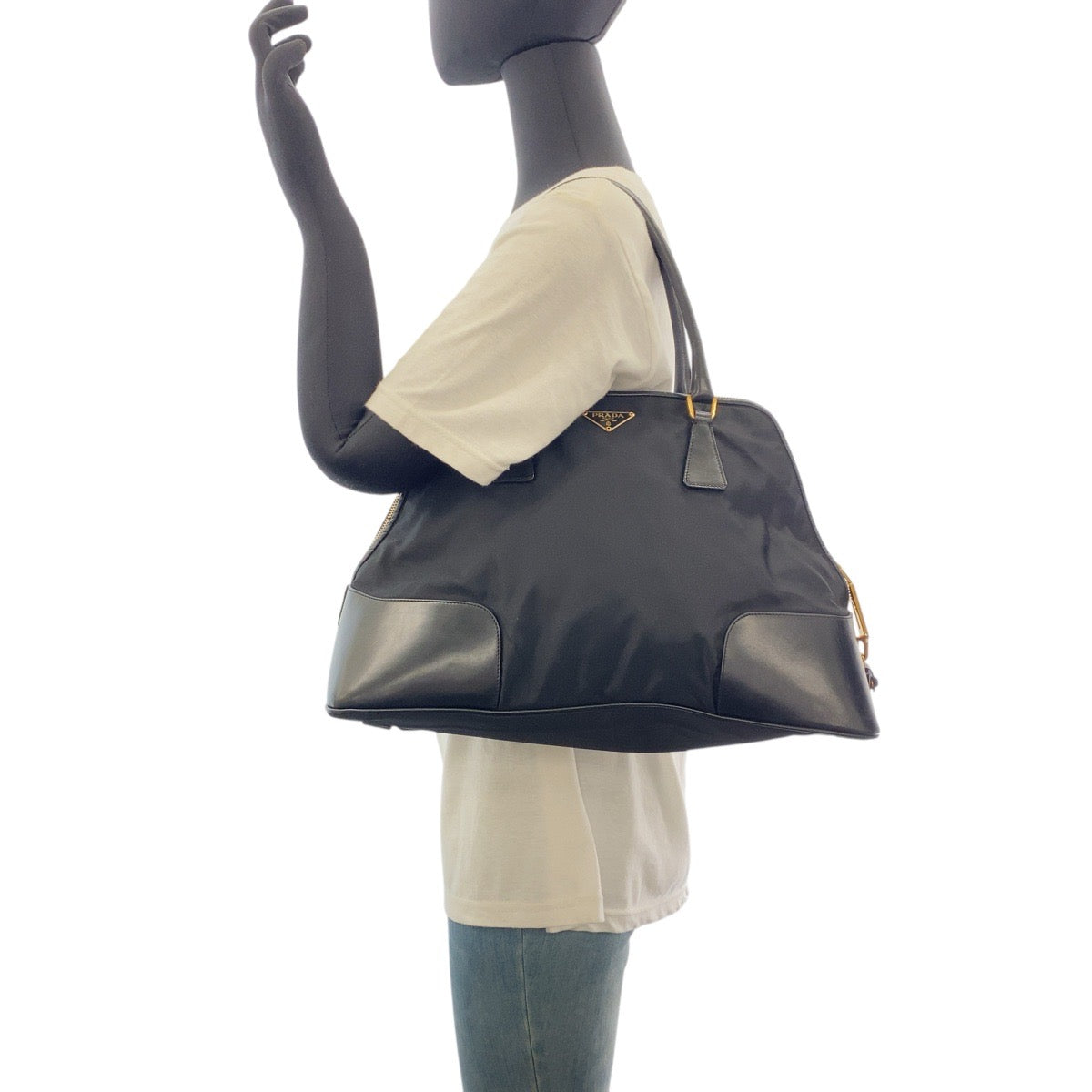 PRADA Shoulder Bag Nylon, Leather Black GoldMetal Shoulder Bag Tote Bag Test Triangle With logo Women Used Authentic