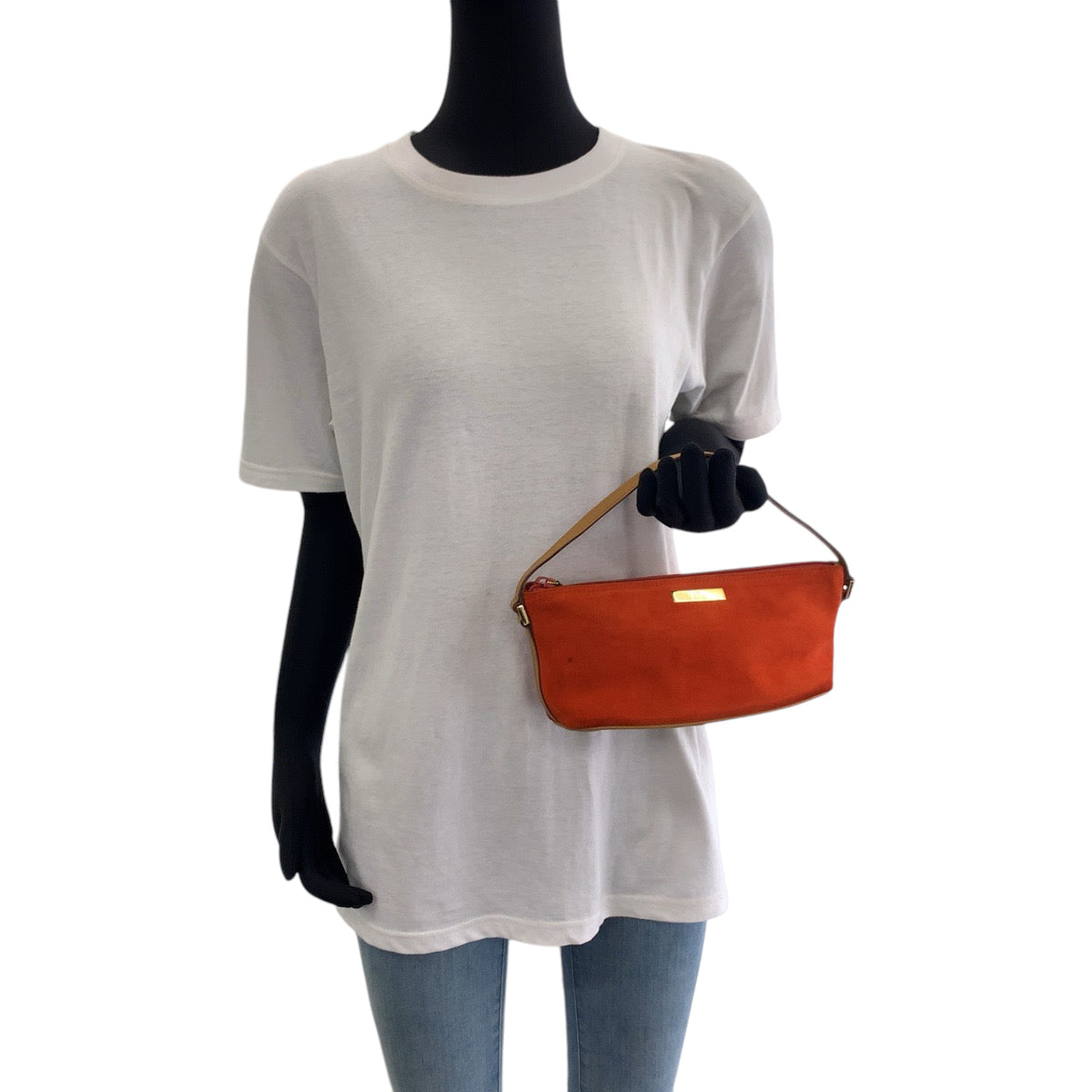 GUCCI Handbag 039 1103 Suede Orange Beige Gold Metal Handbag accessory pouch Women Used Authentic