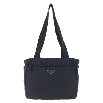 PRADA Tote Bag Nylon Black SilverMetal Tote Bag Shoulder Bag Test Triangle With logo Women Used Authentic