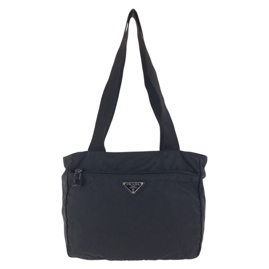 PRADA Tote Bag Nylon Black SilverMetal Tote Bag Shoulder Bag Test Triangle With logo Women Used Authentic