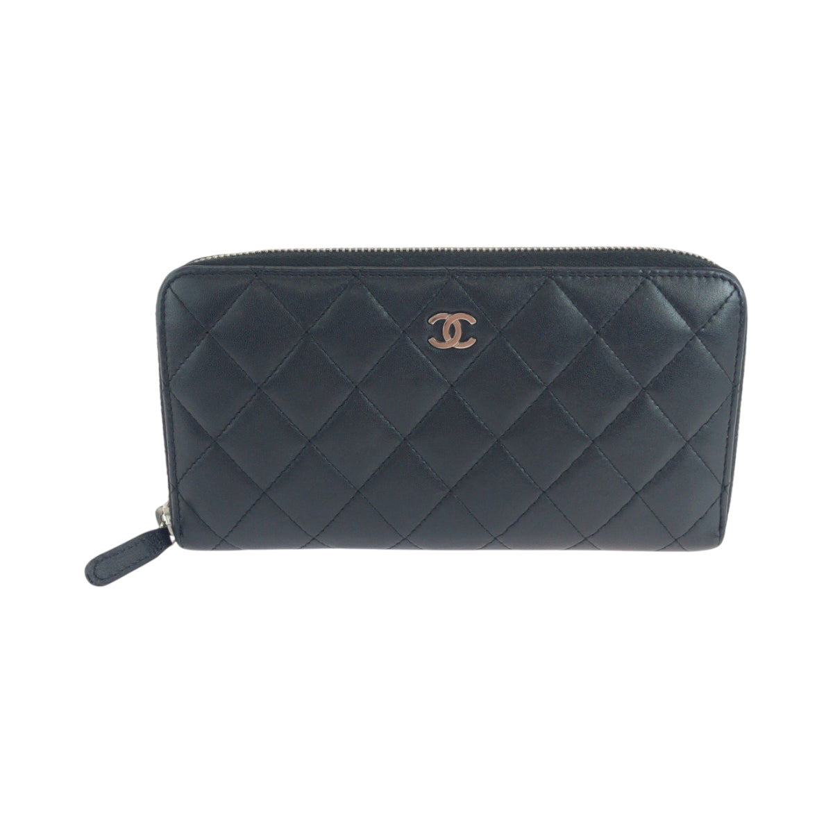 CHANEL Long Wallet Purse lambskin Black Silver Metal Long Wallet Purse Zip Around Matrasse COCO Mark Women Used Authentic