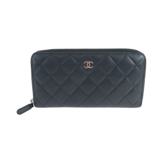 CHANEL Long Wallet Purse lambskin Black Silver Metal Long Wallet Purse Zip Around Matrasse COCO Mark Women Used Authentic