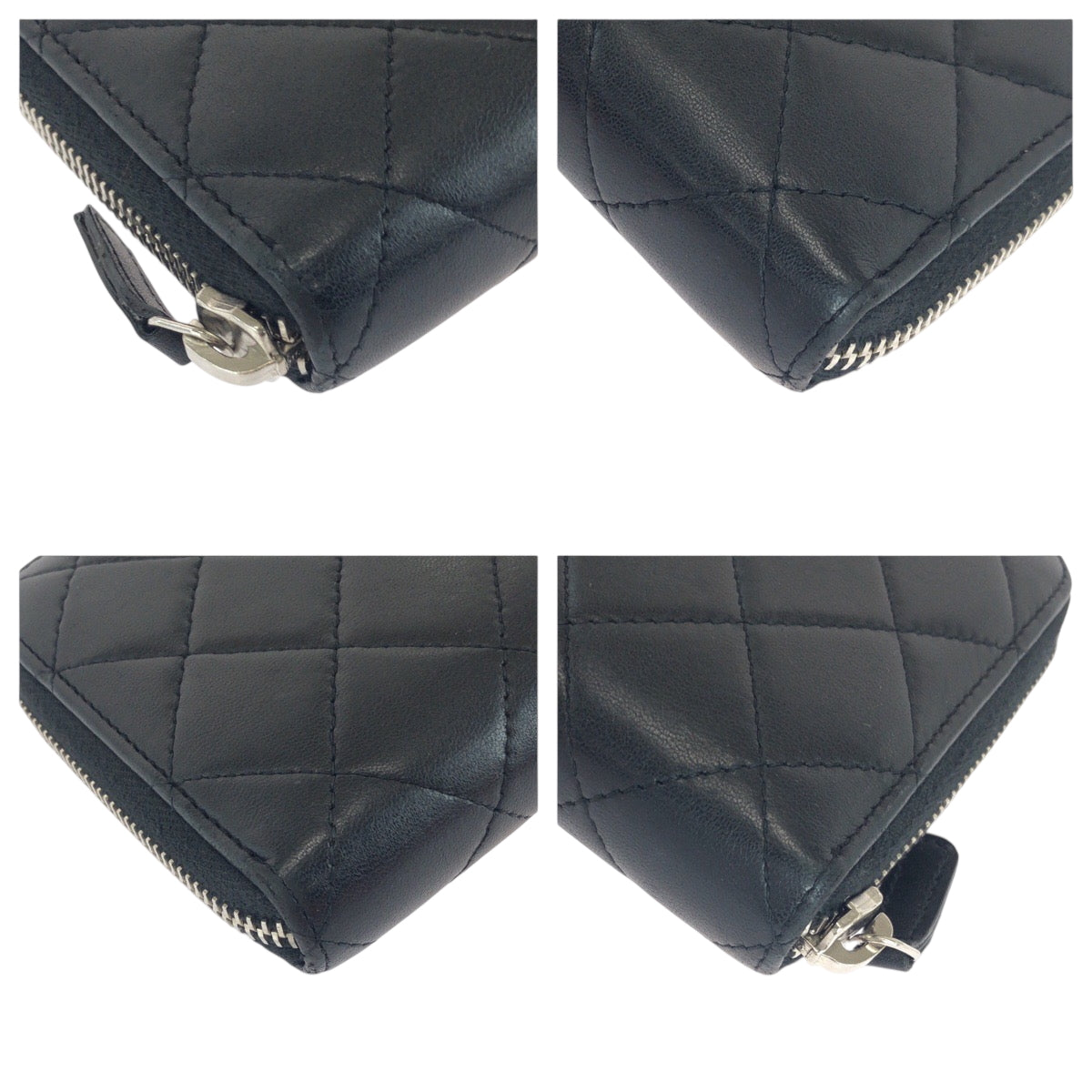 CHANEL Long Wallet Purse lambskin Black Silver Metal Long Wallet Purse Zip Around Matrasse COCO Mark Women Used Authentic