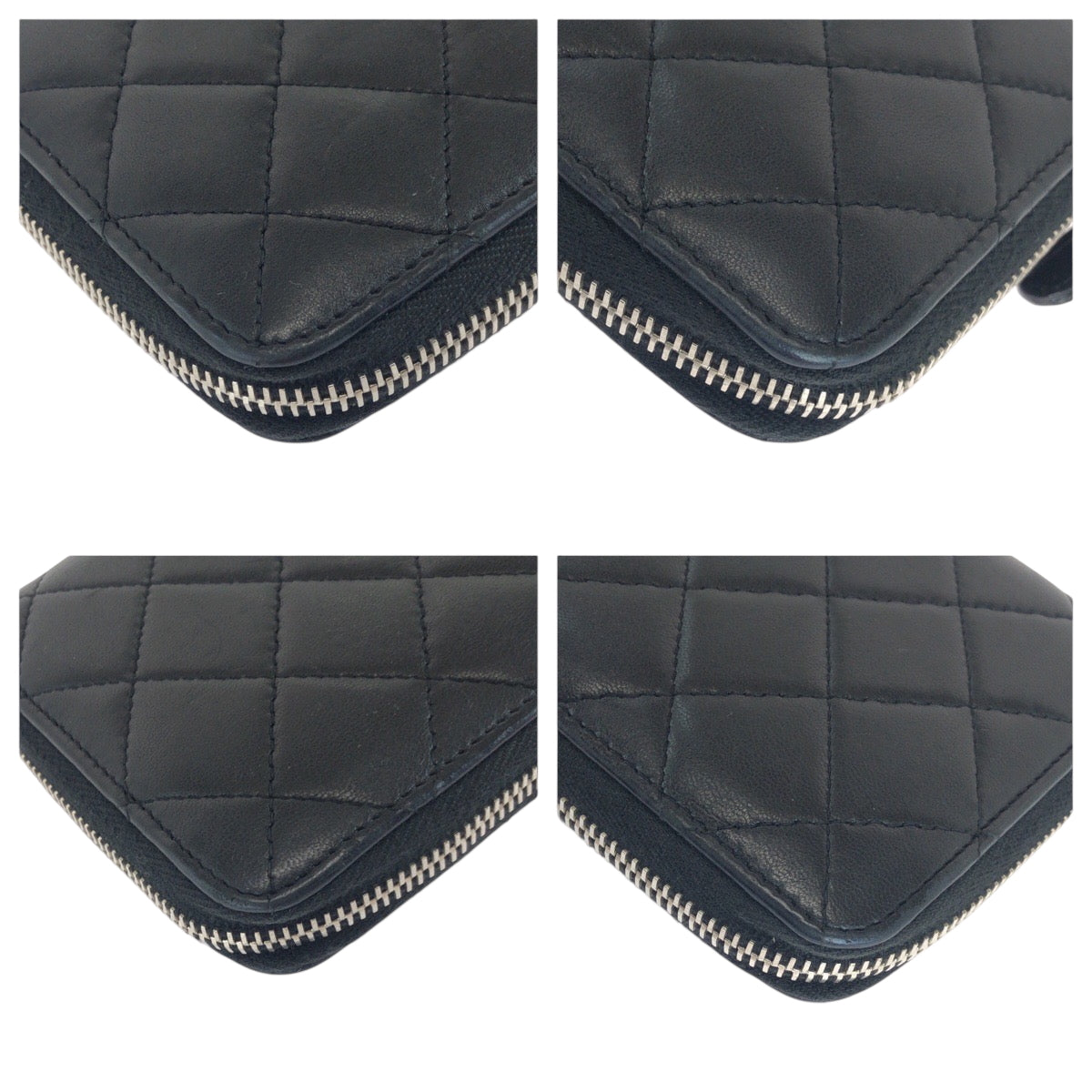 CHANEL Long Wallet Purse lambskin Black Silver Metal Long Wallet Purse Zip Around Matrasse COCO Mark Women Used Authentic