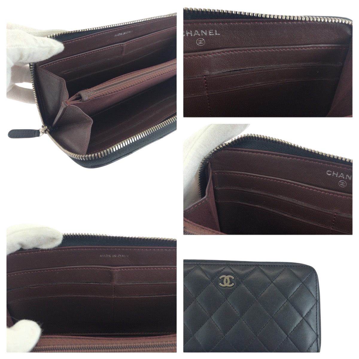CHANEL Long Wallet Purse lambskin Black Silver Metal Long Wallet Purse Zip Around Matrasse COCO Mark Women Used Authentic