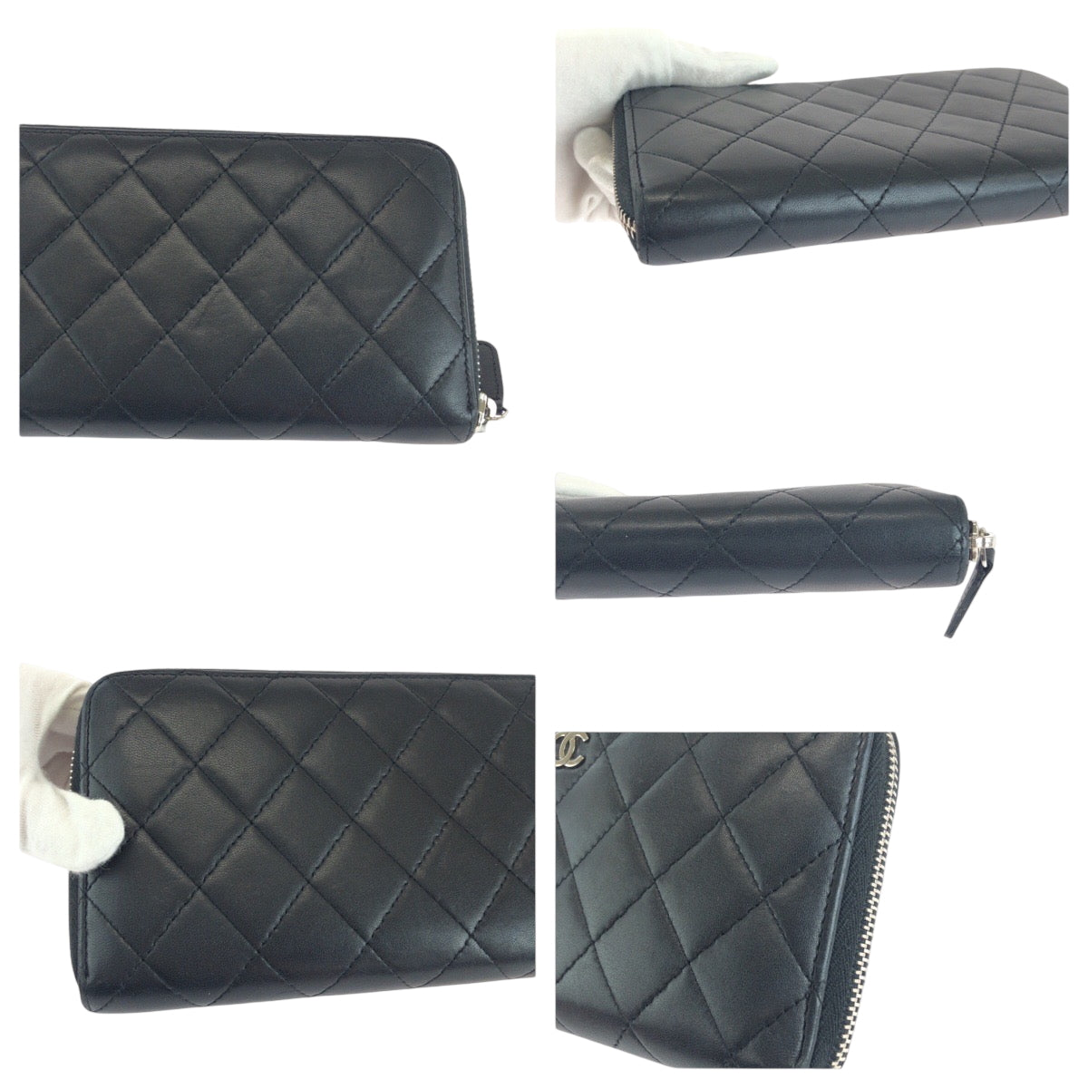CHANEL Long Wallet Purse lambskin Black Silver Metal Long Wallet Purse Zip Around Matrasse COCO Mark Women Used Authentic