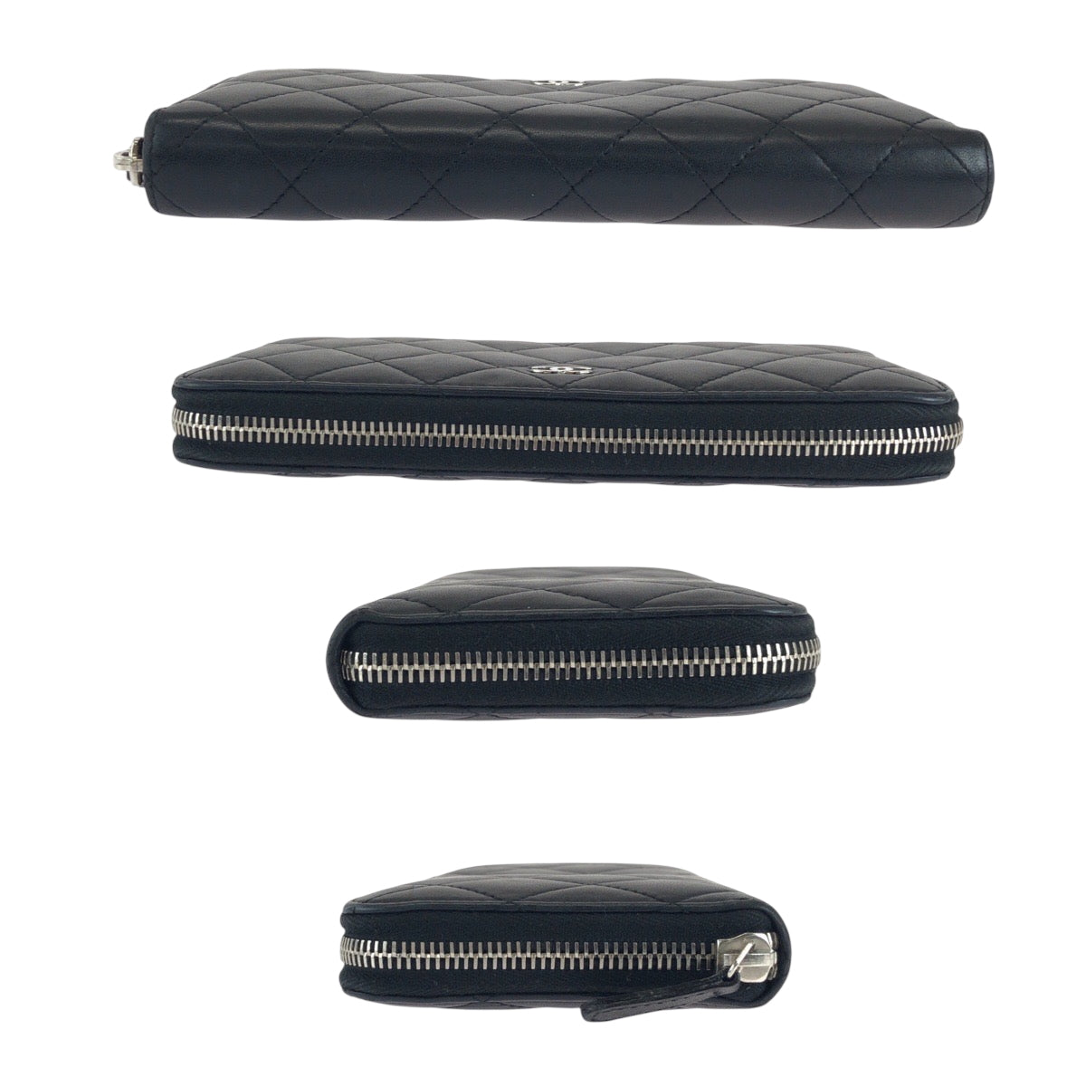 CHANEL Long Wallet Purse lambskin Black Silver Metal Long Wallet Purse Zip Around Matrasse COCO Mark Women Used Authentic