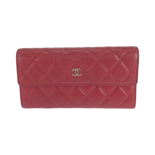 CHANEL Long Wallet Purse Caviar skin Red Silver Metal Long Wallet Purse Matrasse COCO Mark Women Used Authentic