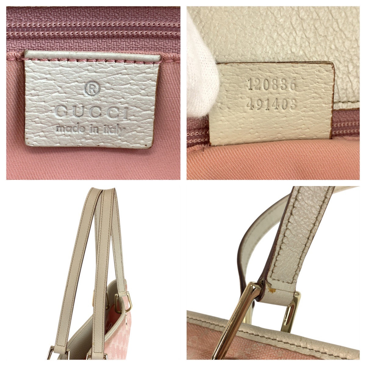 GUCCI Tote Bag 120836 GG canvas, leather Pink White Gold Metal Tote Bag Shoulder Bag Women Used Authentic
