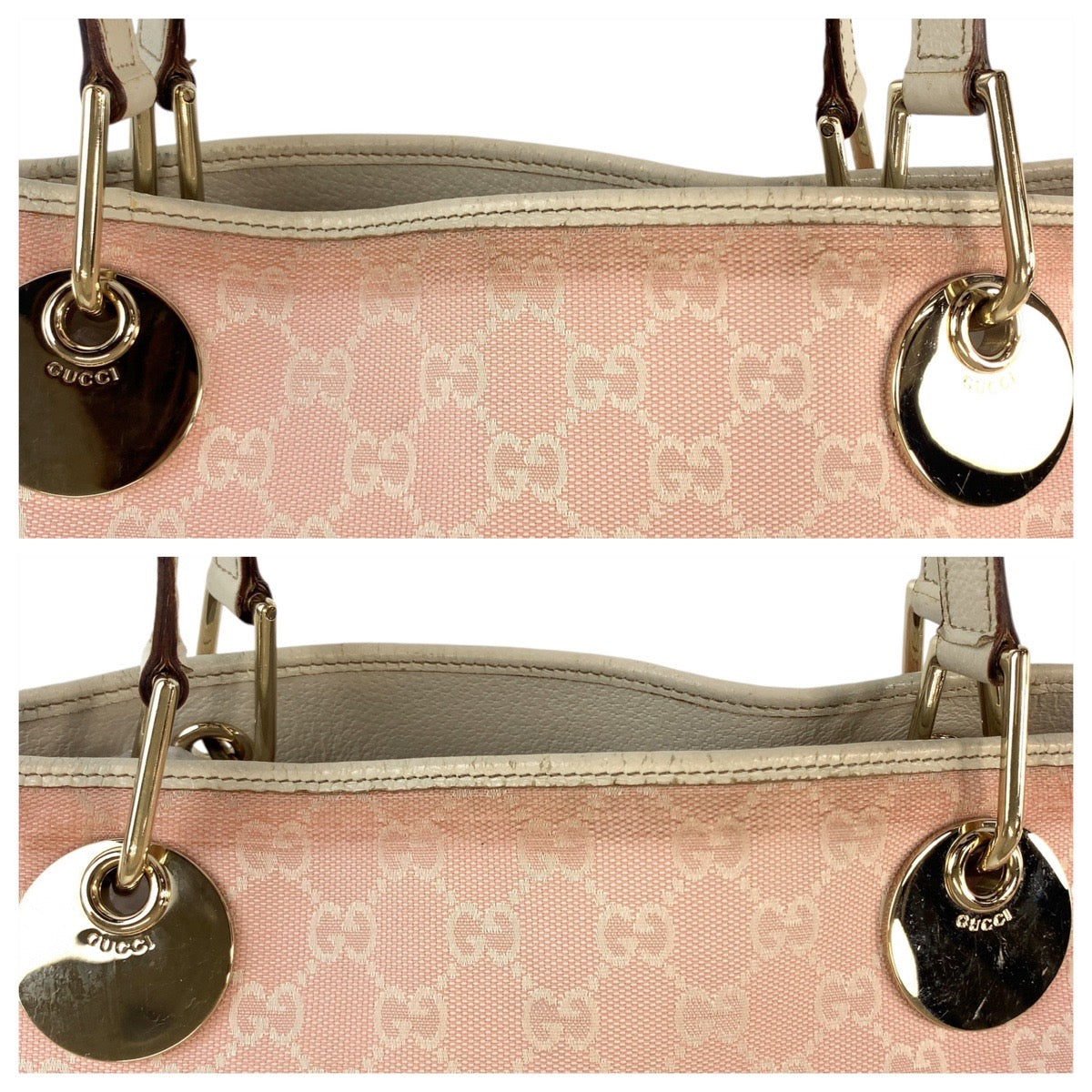 GUCCI Tote Bag 120836 GG canvas, leather Pink White Gold Metal Tote Bag Shoulder Bag Women Used Authentic