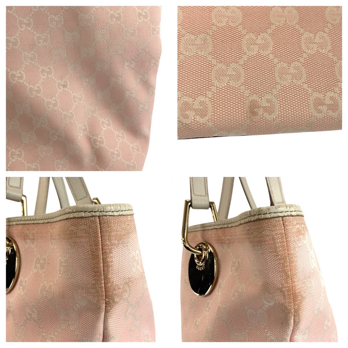 GUCCI Tote Bag 120836 GG canvas, leather Pink White Gold Metal Tote Bag Shoulder Bag Women Used Authentic