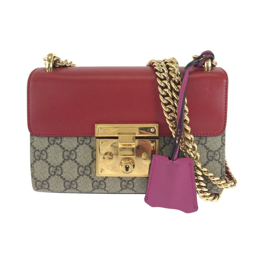 GUCCI Shoulder Bag 409487 GG Supreme Canvas Red Pink Brown Gold Metal ChainShoulder Bag Pochette Ready lock Women Used Authentic