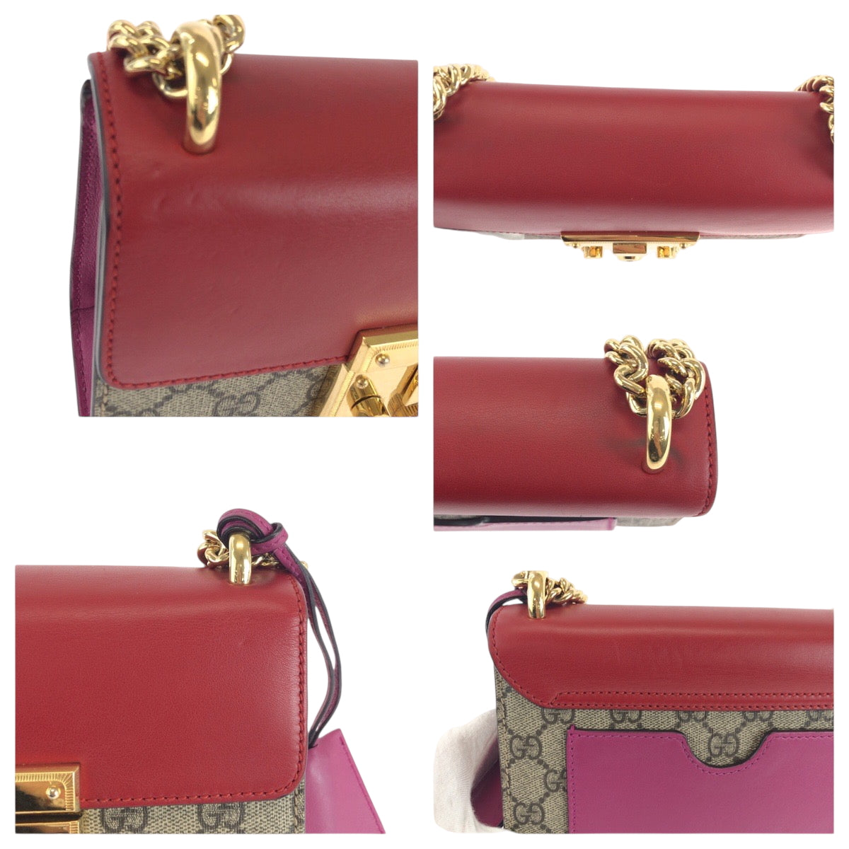 GUCCI Shoulder Bag 409487 GG Supreme Canvas Red Pink Brown Gold Metal ChainShoulder Bag Pochette Ready lock Women Used Authentic
