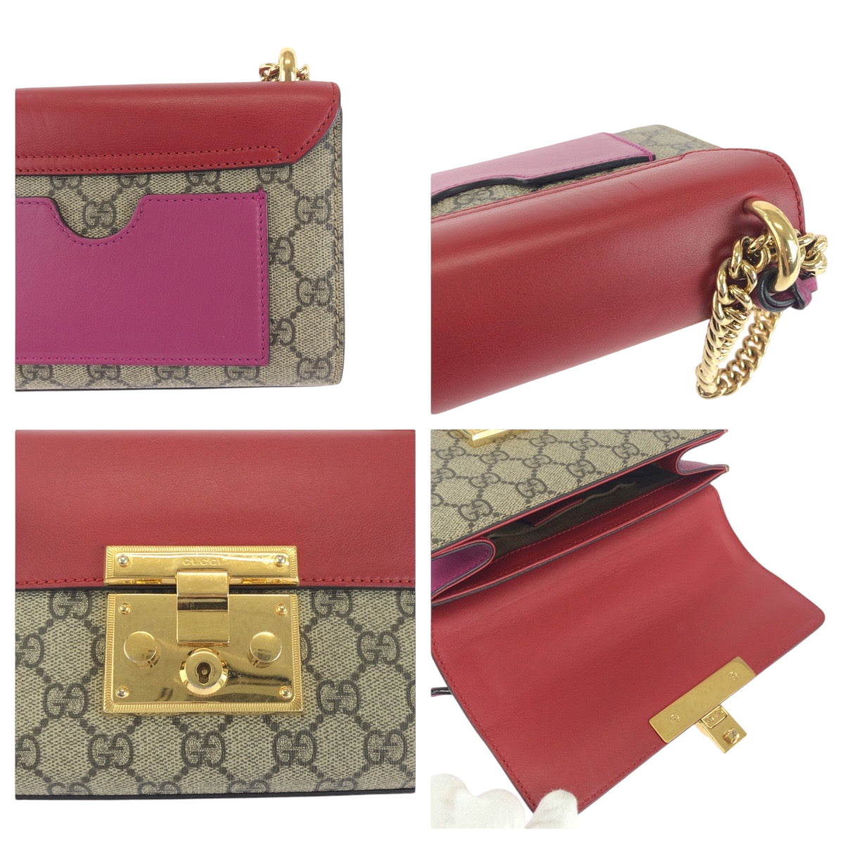 GUCCI Shoulder Bag 409487 GG Supreme Canvas Red Pink Brown Gold Metal ChainShoulder Bag Pochette Ready lock Women Used Authentic