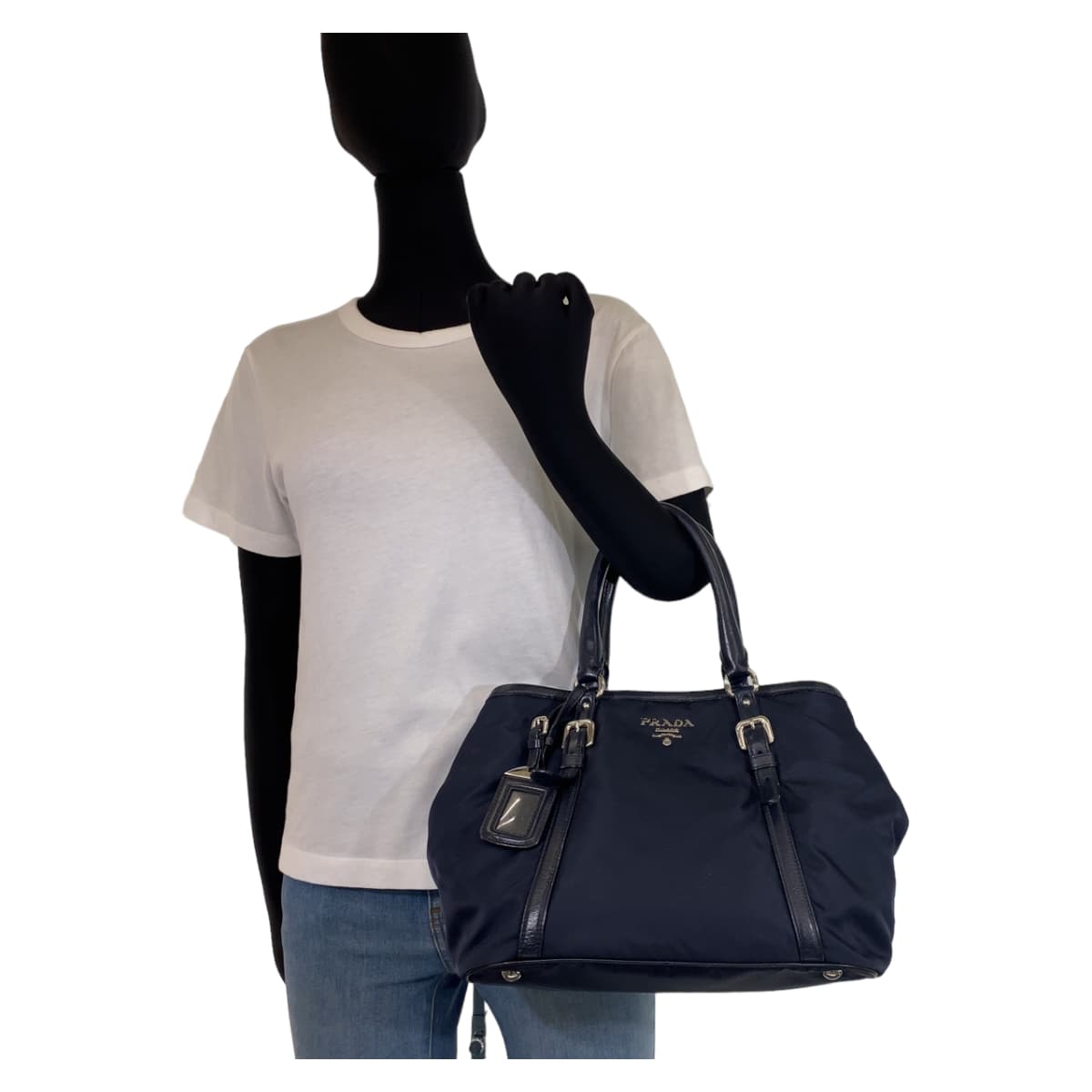 PRADA Tote Bag Nylon, Leather Navy Handbag Tote Bag Test Women Used Authentic