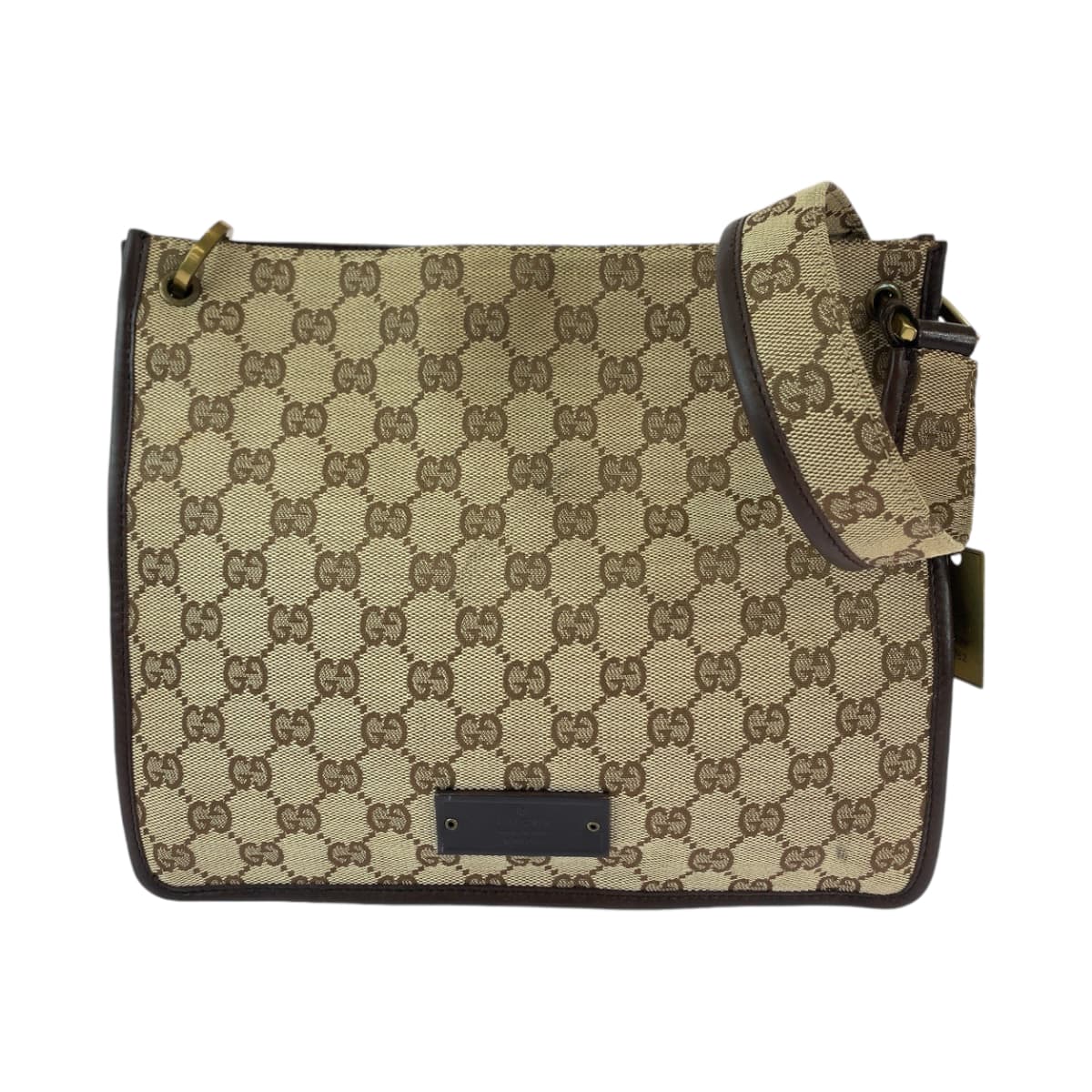 GUCCI Shoulder Bag 91762 GG canvas Beige Brown Gold Metal Shoulder Bag pochette Plate charm Women Used Authentic