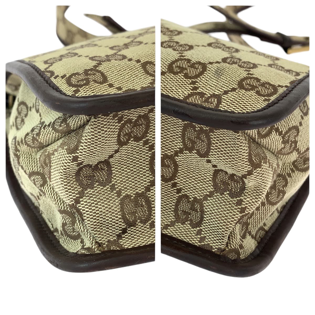 GUCCI Shoulder Bag 91762 GG canvas Beige Brown Gold Metal Shoulder Bag pochette Plate charm Women Used Authentic