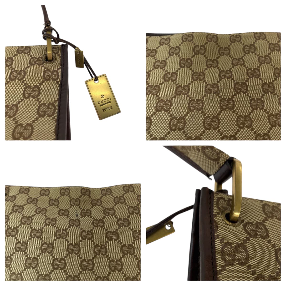 GUCCI Shoulder Bag 91762 GG canvas Beige Brown Gold Metal Shoulder Bag pochette Plate charm Women Used Authentic