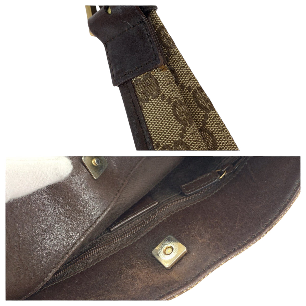 GUCCI Shoulder Bag 91762 GG canvas Beige Brown Gold Metal Shoulder Bag pochette Plate charm Women Used Authentic