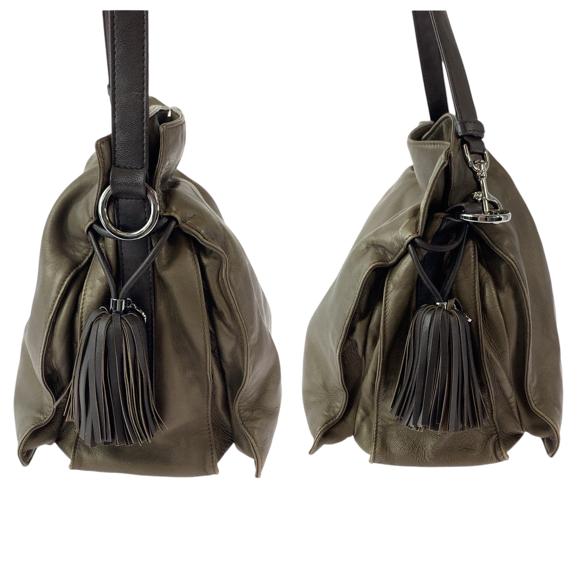 LOEWE Shoulder Bag leather Brown Silver Metal Shoulder Bag Crossbody Pochette Flamenco Anag Lamb Women Used Authentic