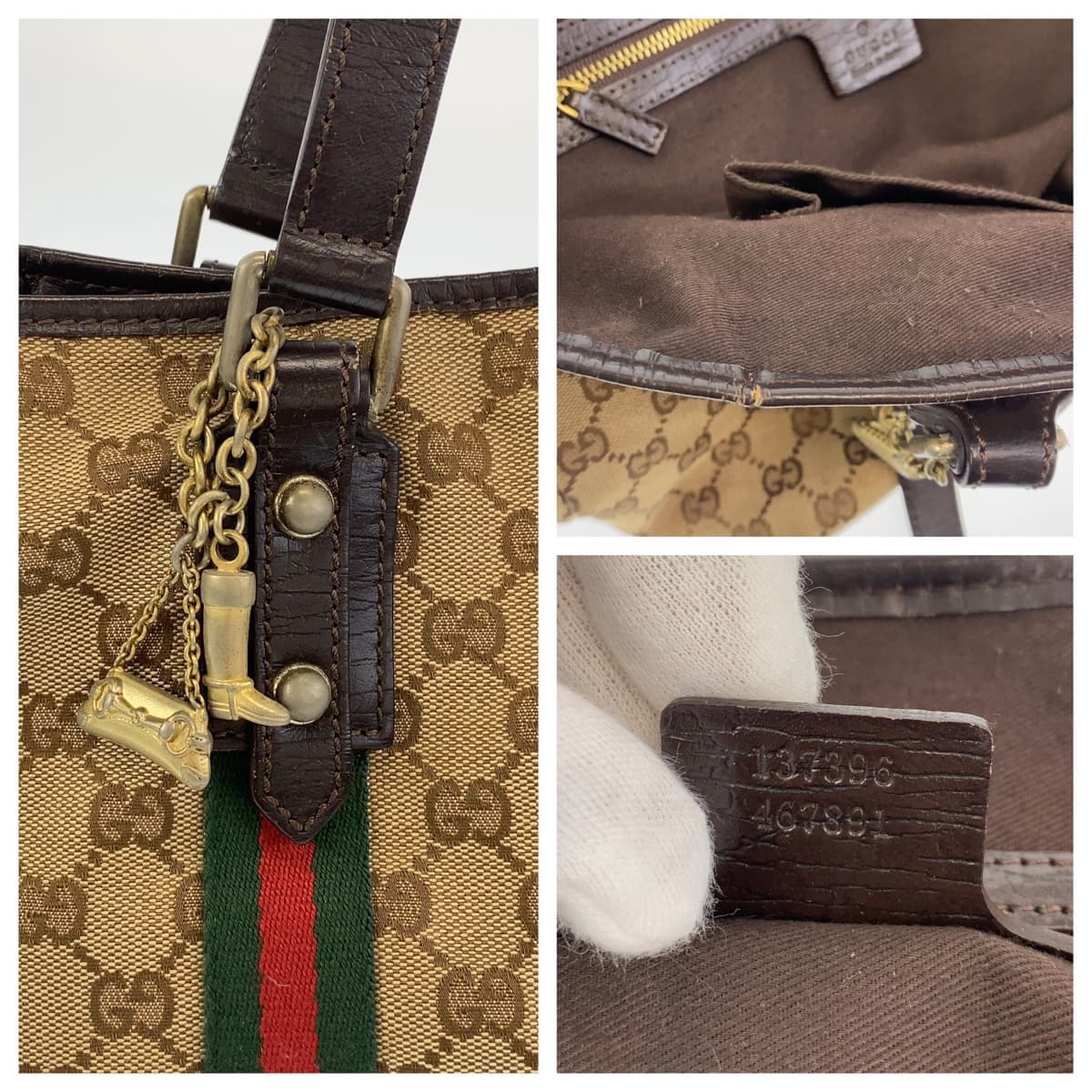 GUCCI Tote Bag 137396 GG canvas Beige multicolor Tote Bag Shoulder Bag Sherry line Women Used Authentic