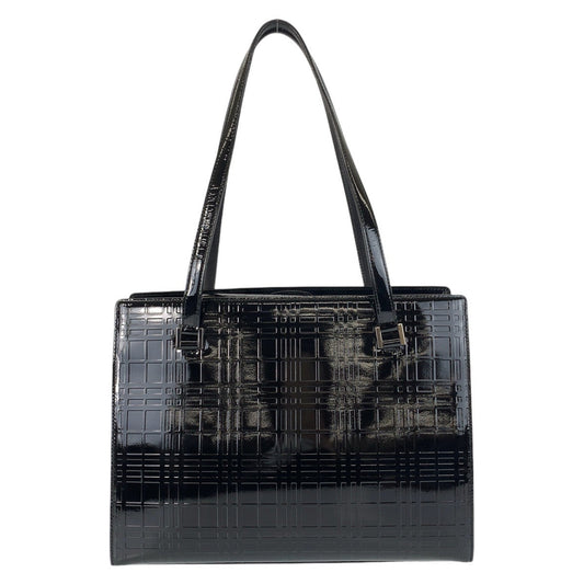 BURBERRY Tote Bag Patent leather black Tote bag Shoulder Bag Check Pattern Embossed Women Used Authentic