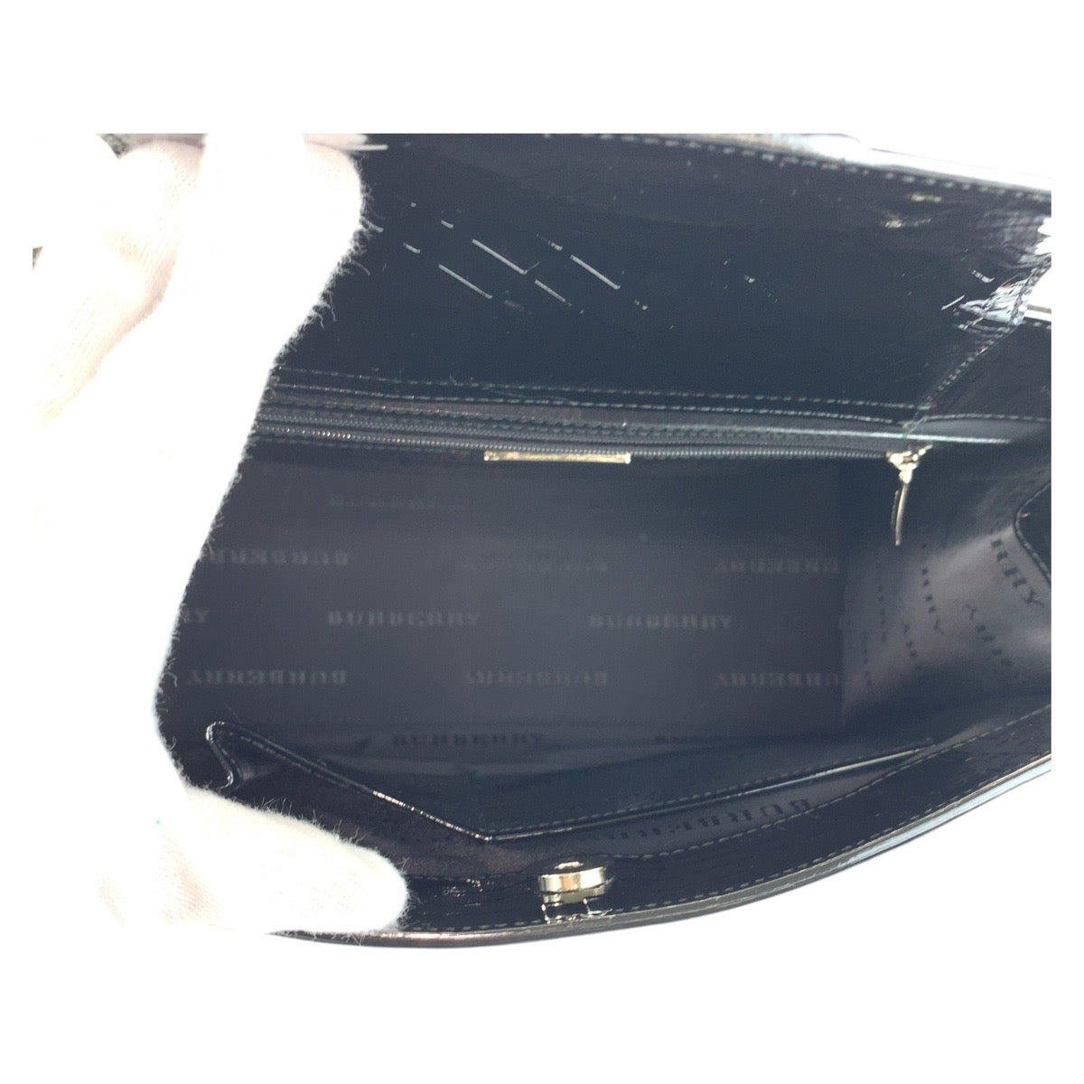 BURBERRY Tote Bag Patent leather black Tote bag Shoulder Bag Check Pattern Embossed Women Used Authentic