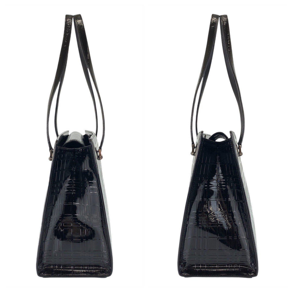 BURBERRY Tote Bag Patent leather black Tote bag Shoulder Bag Check Pattern Embossed Women Used Authentic