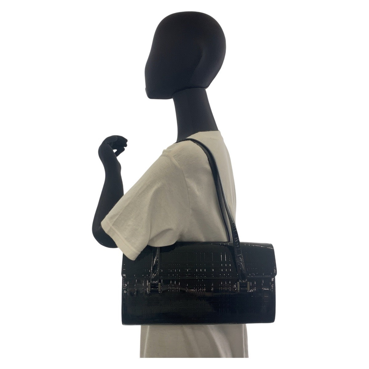 BURBERRY Shoulder Bag enamel black Shoulder Bag Check Pattern Embossed Women Used Authentic