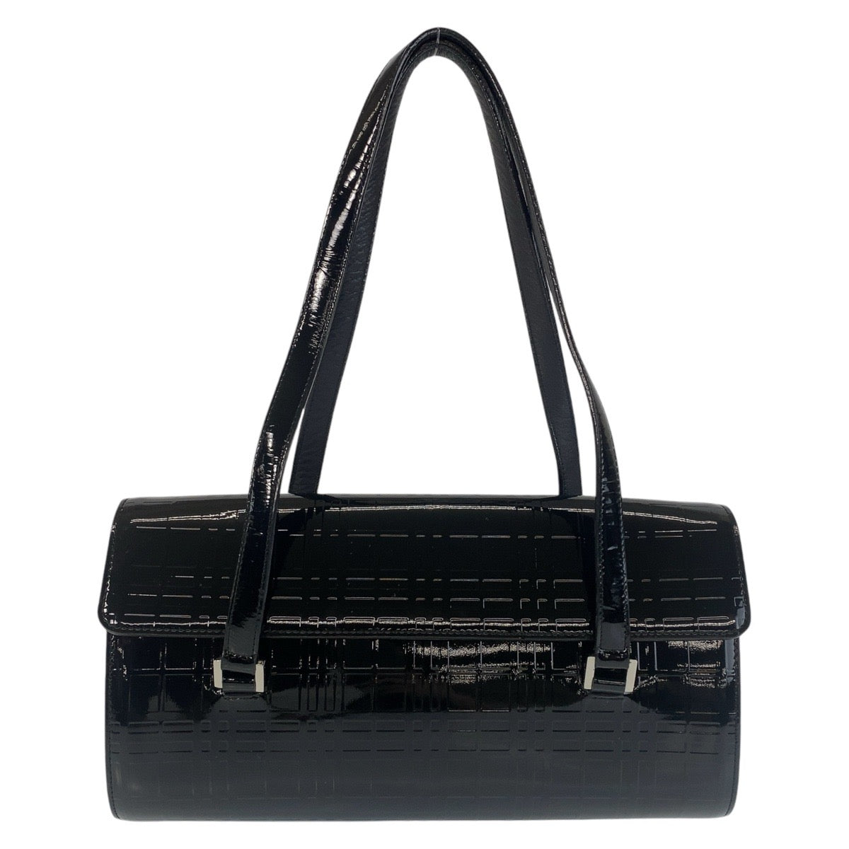 BURBERRY Shoulder Bag enamel black Shoulder Bag Check Pattern Embossed Women Used Authentic