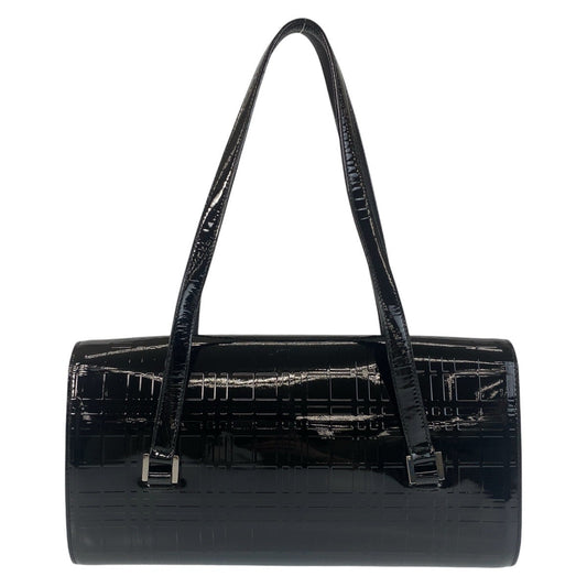 BURBERRY Shoulder Bag enamel black Shoulder Bag Check Pattern Embossed Women Used Authentic