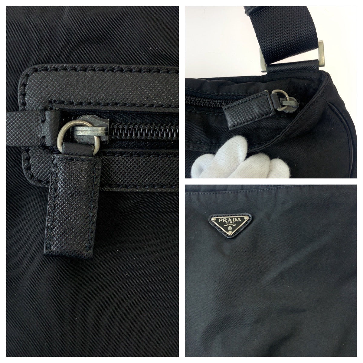 PRADA Shoulder Bag Nylon Black SilverMetal Shoulder Bag Crossbody Test Triangle With logo mens Used Authentic