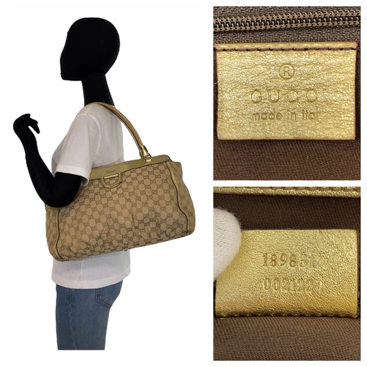 GUCCI Tote Bag 189831 GG canvas Beige Gold Metal Tote Bag Shoulder Bag Abbey Women Used Authentic