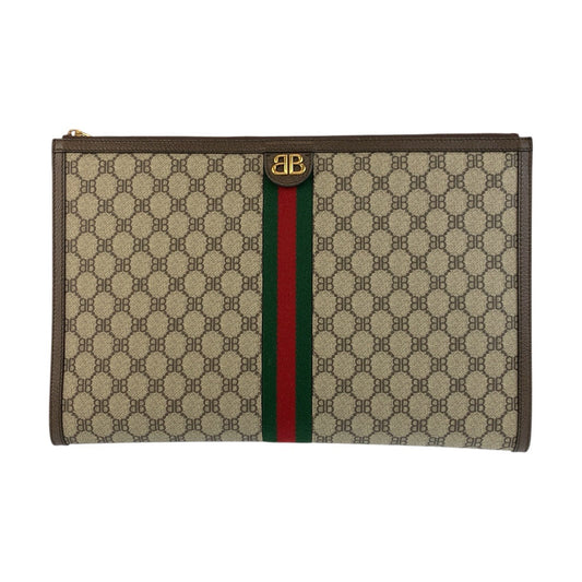 BALENCIAGA Clutch bag 680381 GG Supreme canvas, leather Beige Brown Gold Metal Clutch bag business bag document case GUCCI collaboration The Hacker Project mens Used Authentic