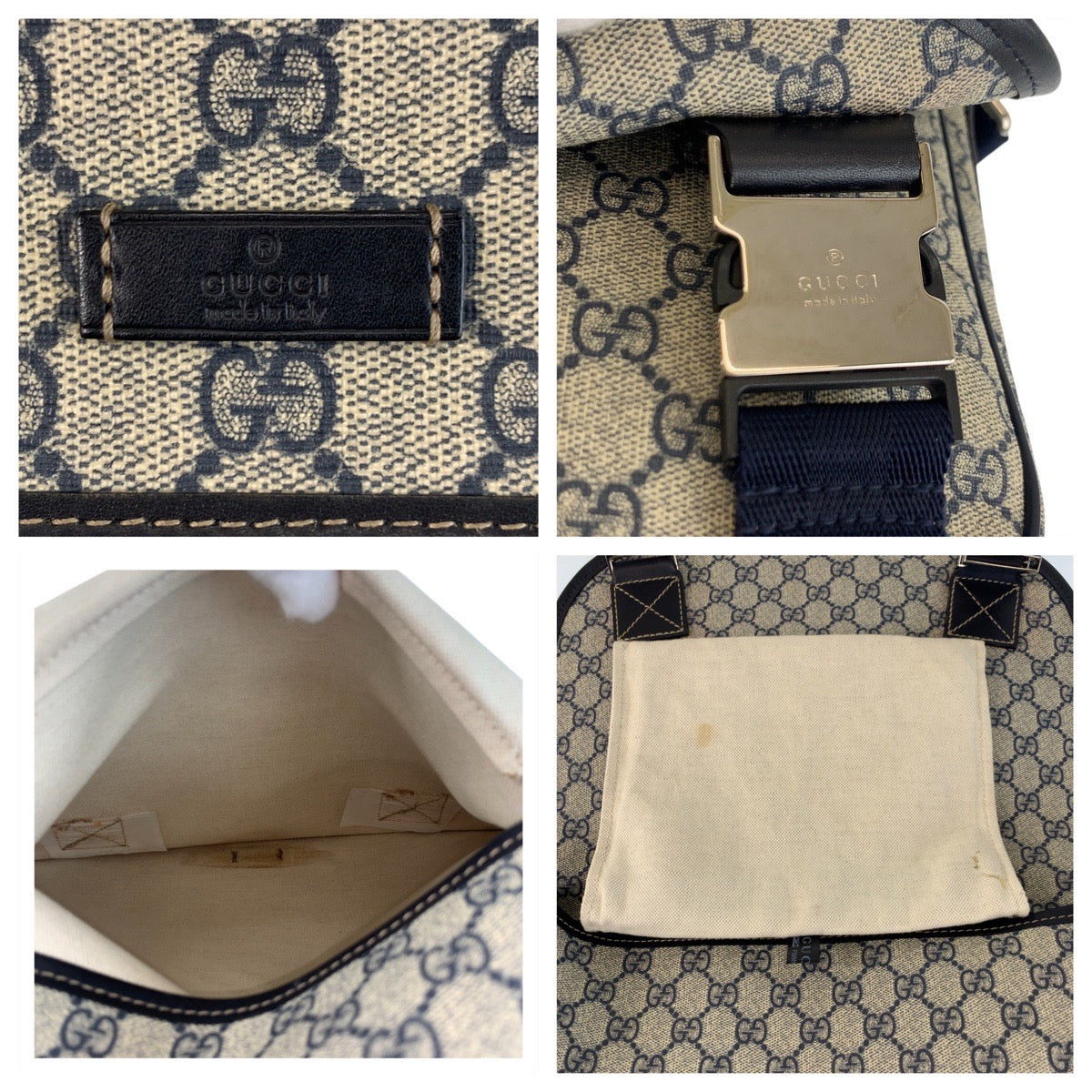 GUCCI Shoulder Bag 201732 GG Supreme Canvas Gray Navy SilverMetal Shoulder Bag Messenger bag mens Used Authentic